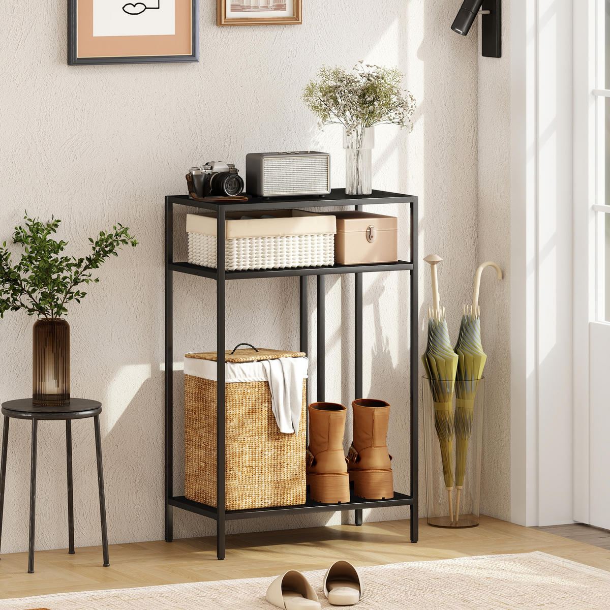 KONSOLENTISCH 3-stufige Ablagen Schmaler Eingangsbereichstisch Stahlrahmen für Wohnzimmer Flur 55 cm Schwarz - Schwarz, Metall (55/85/30cm)