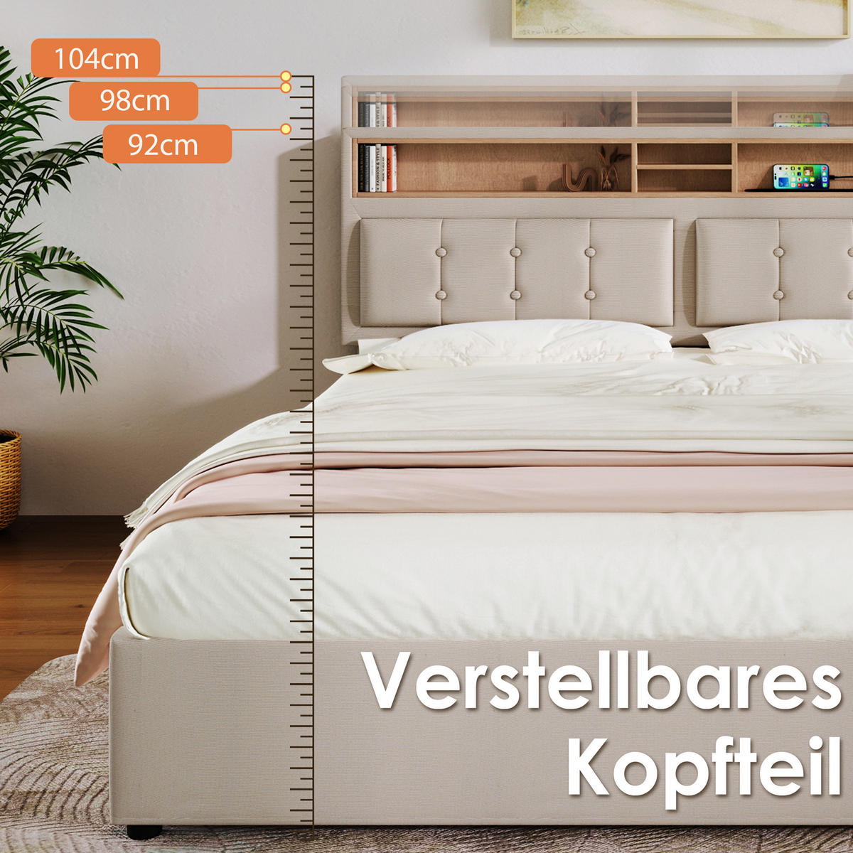 OBLAZINJENA postelja 140/200 cm z vzmetnico, nastavljivim vzglavjem, USB-C priključkom in 4 predali, Bež - bež, tekstil (140/140cm) - Redom