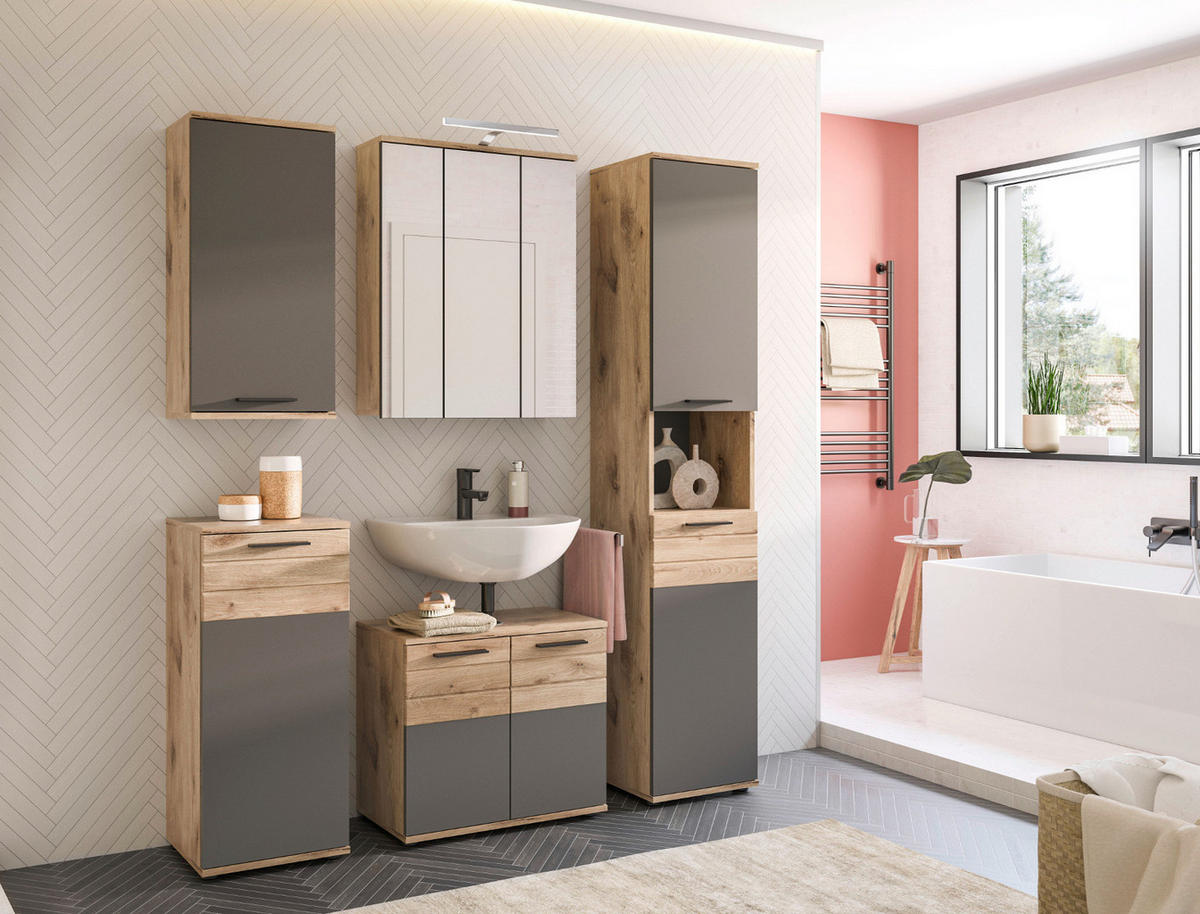 UNTERSCHRANK Eiche grau 37 x 87 cm, Kommode mit Soft-Close, Badmöbel - Eichefarben/Schwarz, Holzwerkstoff/Kunststoff (37/87/34cm) - Inn.Furn