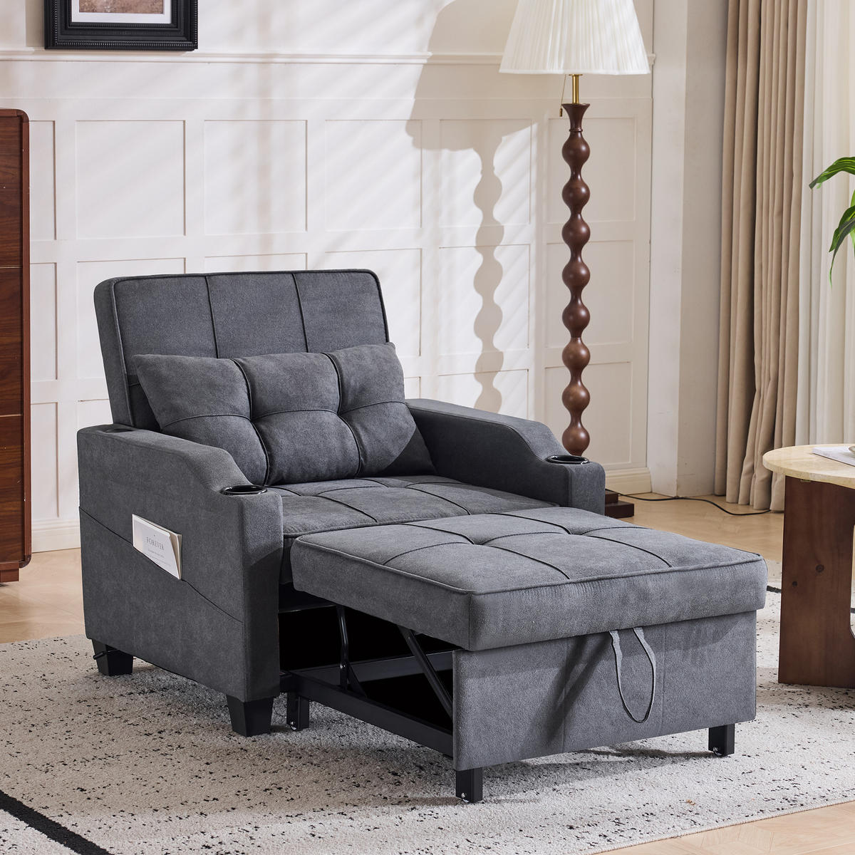 RELAXSESSEL 87/74/84 cm Dunkelgrau mit Getränkehaltern und USB Anschluss - Dunkelgrau, Textil (74/84/87cm) - Oxeza
