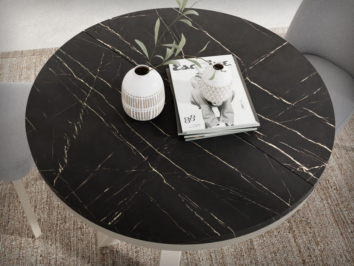 ESSTISCH Clara Grau-Beige runder ausziehbarer, Marmor Schwarz 100-180/100/76 cm - Anthrazit/Grau, Holzwerkstoff/Metall (100/100/76cm) - WFL GROUP