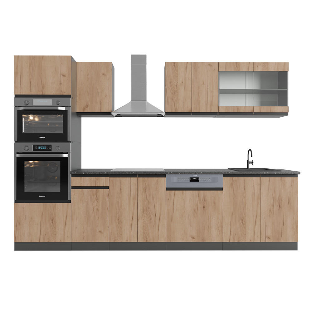KÜCHENZEILE R-Line Goldkraft Eiche/Anthrazit 300 cm J-Shape ohne AP - Honigeiche/Anthrazit, Holzwerkstoff (300/81.6/46cm) - Vicco