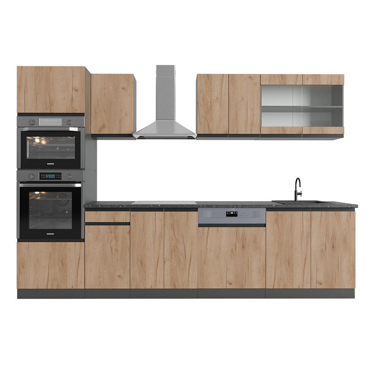KÜCHENZEILE R-Line Goldkraft Eiche/Anthrazit 300 cm J-Shape ohne AP - Honigeiche/Anthrazit, Holzwerkstoff (300/81.6/46cm) - Vicco