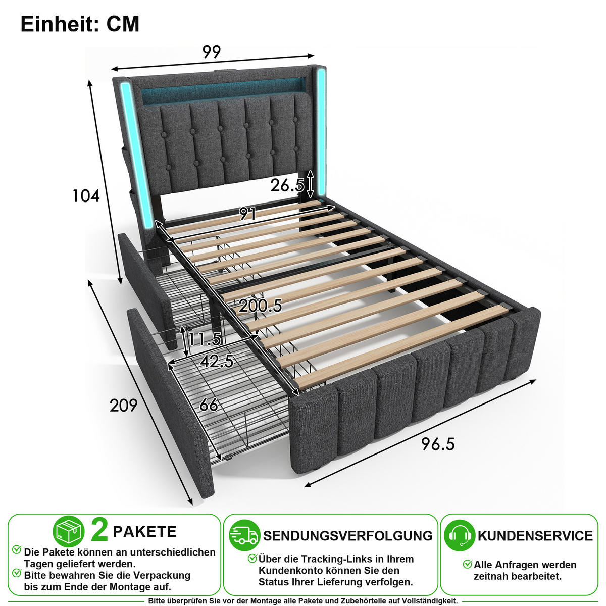 POLSTERBETT 90/200 cm in Grau mit 2 Schubladen, LED und USB Stoff - Grau, Holzwerkstoff/Textil (90/200cm) - CHICFURN