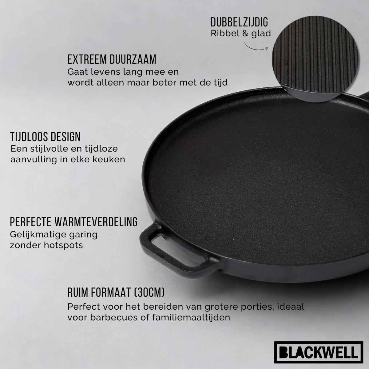 GRILLPLATTE BBQ / Backplatte aus Gusseisen Ø 30 cm – ohne Antihaftbeschichtung – beidseitig - Schwarz, Keramik (1/2/3cm) - Blackwell
