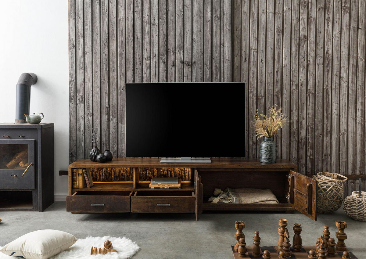 TV-BOARD Akazie 220x40x47 dunkelbraun lackiert BARK #210 - Dunkelbraun, Holz (220/47/40cm) - Massivmoebel24
