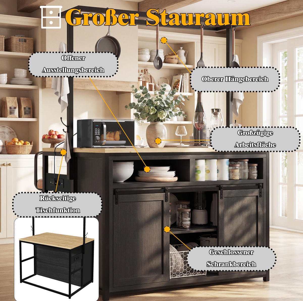 KÜCHENSCHRANK mit Arbeitsplatte und Stromanschluss 107 x 62 x 183 cm Schwarz - Schwarz, Metall (62/183/107cm) - Beauniv