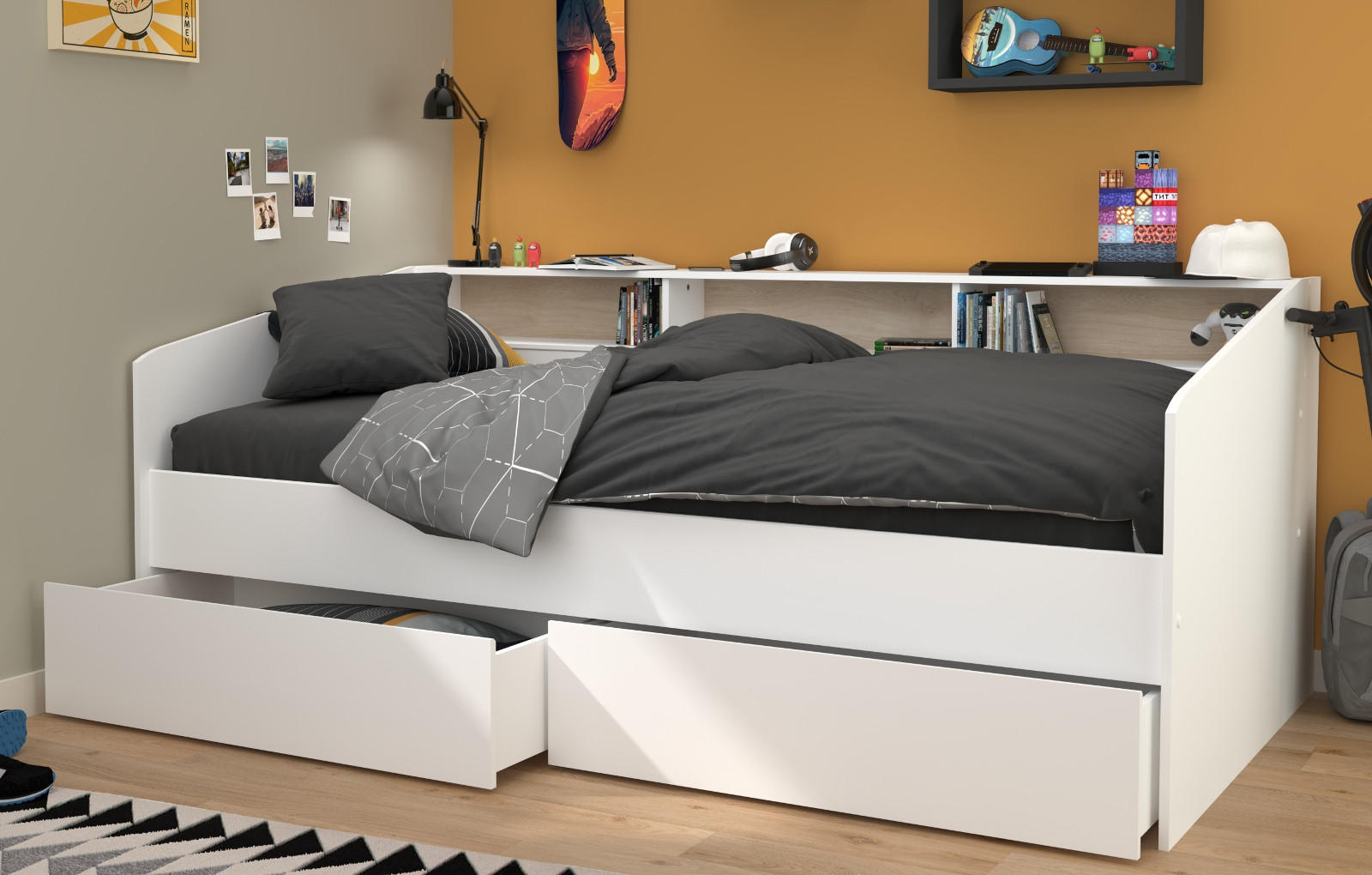 JUGENDBETT weiß, 90 x 200 cm Stauraumbett mit 2x Schubkasten - Weiß, Holz/Holzwerkstoff (90/200cm) - Parisot Meuble