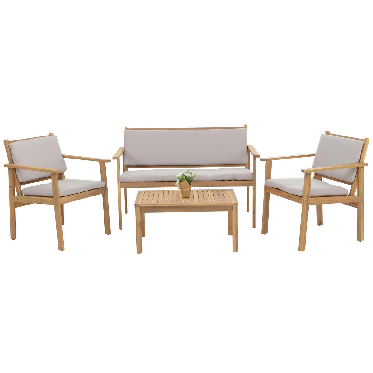 GARTEN-GARNITUR Beige, Grau 1x Bank, 2x Sessel, 1x Tisch-Set - Beige/Grau, Holz - MCW