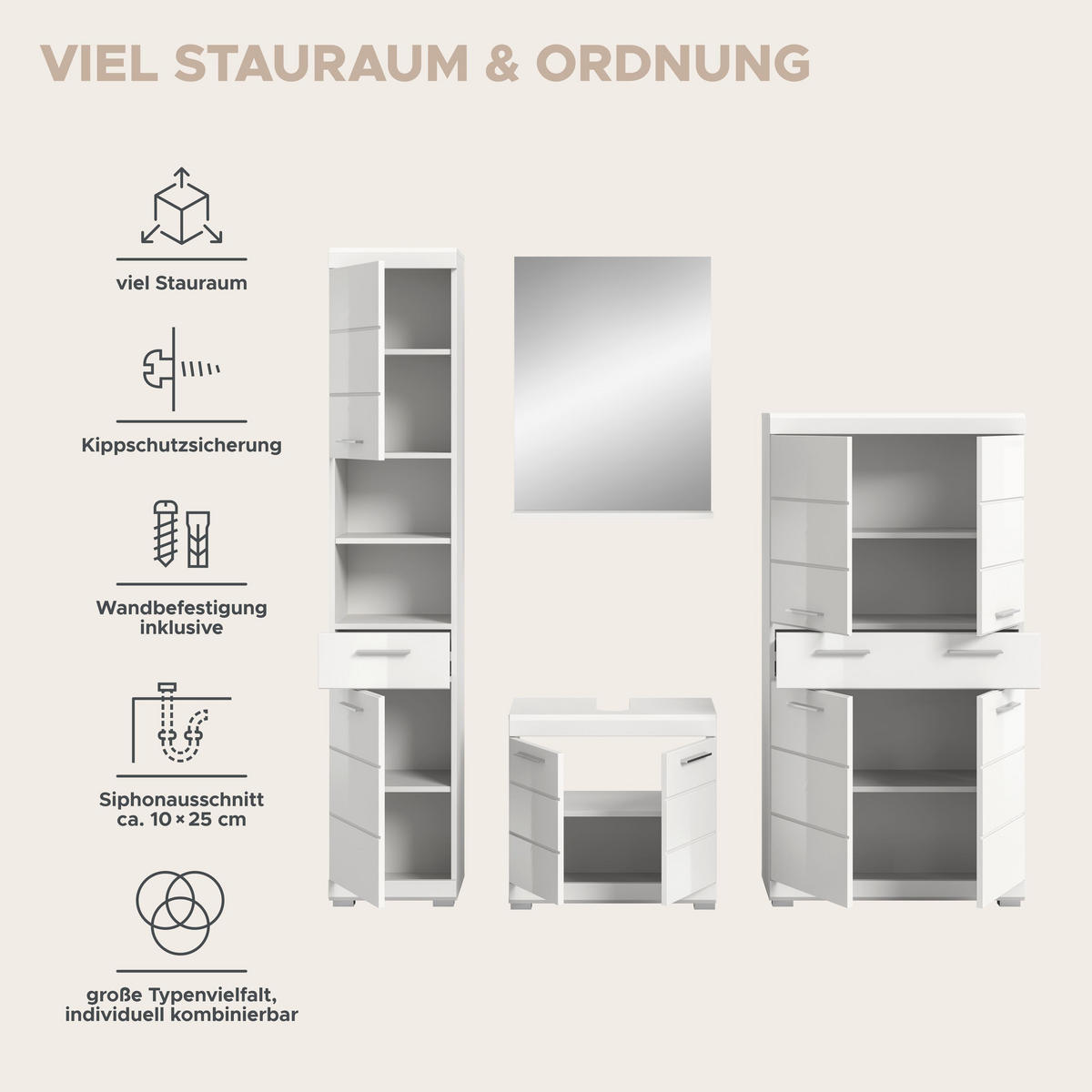 BADKOMBINATION 4tlg. Scout Bad in weiß Nachbildung und weiß hochglanz B/H/T: 186x191x34 cm - Weiß, Holz (186/191/34cm)