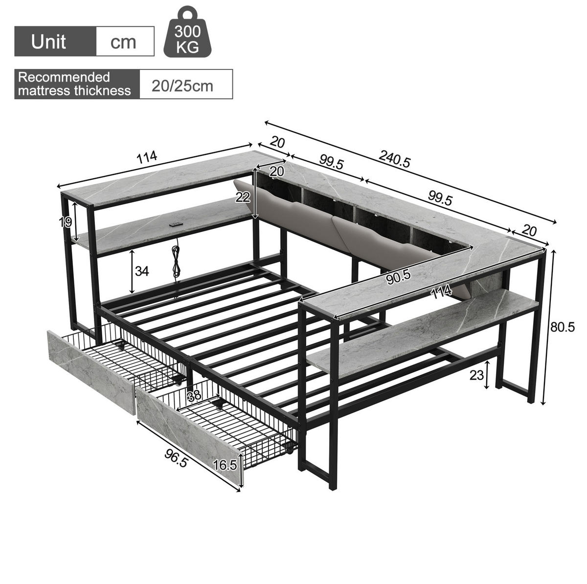 POLSTERBETT 90/200 cm mit USB- und Type-C-Anschluss, 2 Schubladen, 6 Staufächern und Lattenrost, Grau - Grau, Holzwerkstoff (90/200cm) - Redom