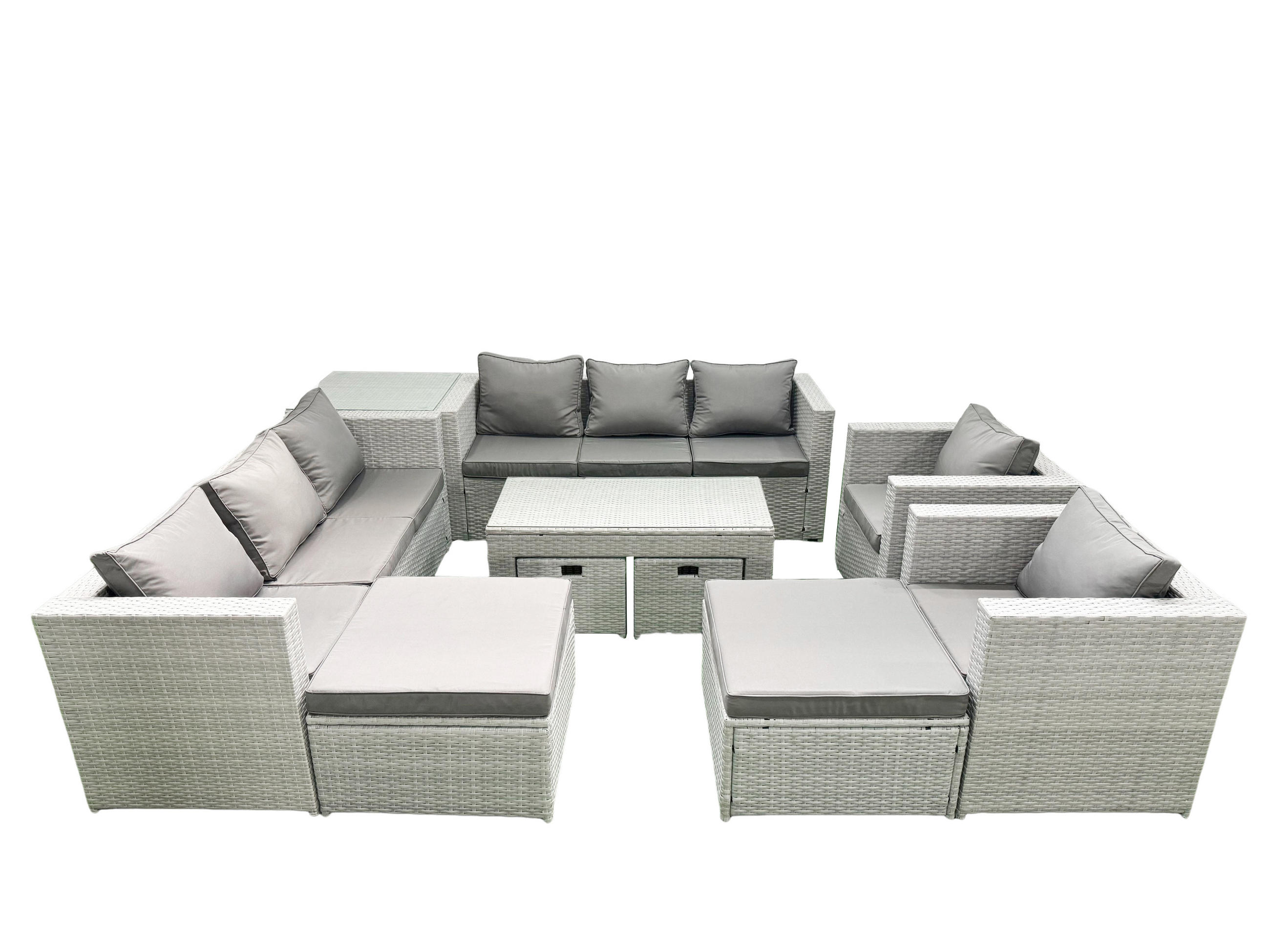 BALKONMÖBEL-SET Polyrattan Hellgrau-Mix 12-teilig - Hellgrau/Grau, Glas/Kunststoff - Fimous