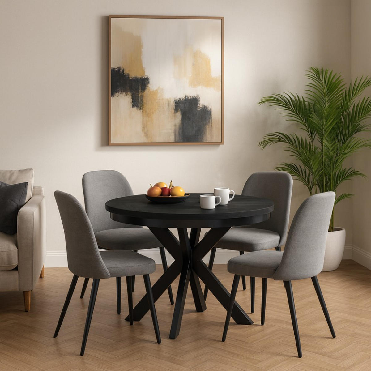 ESSTISCH Bilbao, Runder, mit Metallbeinen, Schwarz - Schwarz, Holzwerkstoff/Metall (100/100/77cm) - Beautysofa