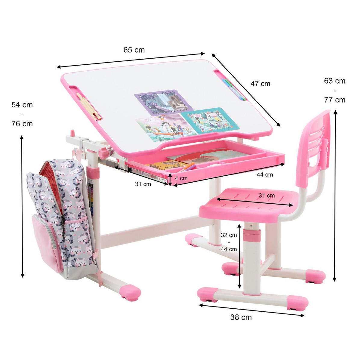 KINDERSCHREIBTISCHSET TUTTO - Weiß/Rosa, Holzwerkstoff/Metall (65/54/47cm) - CARO-Möbel