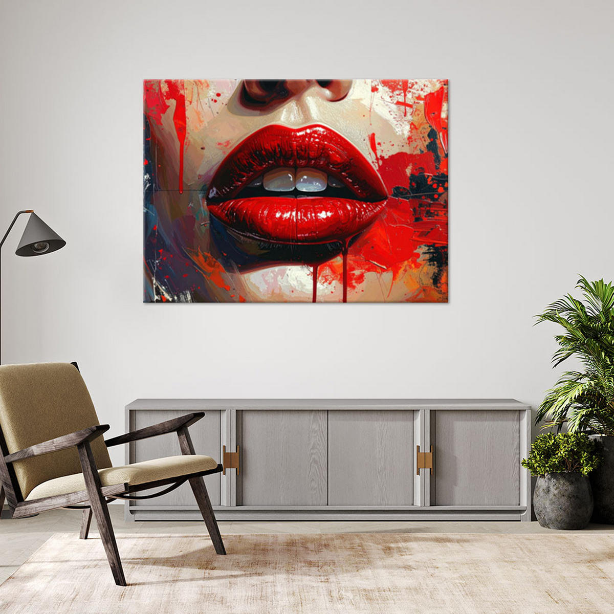 BILD auf Leinwand, Rote Lippen in einer modernen Street-Art-Komposition - Rot, Textil (30/20cm) - Feeby