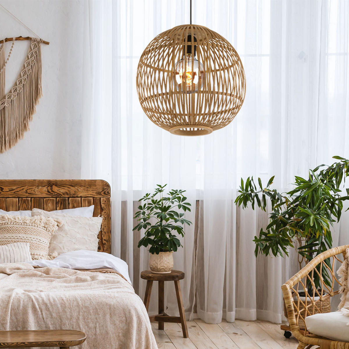 LED HÄNGELEUCHTE Hildegard Bambus Beige - Beige, Holz (30/30/150cm) - Globo Lighting