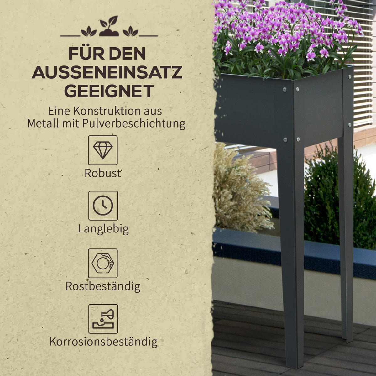 HOCHBEET, Kräuterbeet, Pflanzkasten mit 3 Abflusslöchern, Metall, Dunkelgrau - Dunkelgrau, Metall (30/80/100cm) - Outsunny