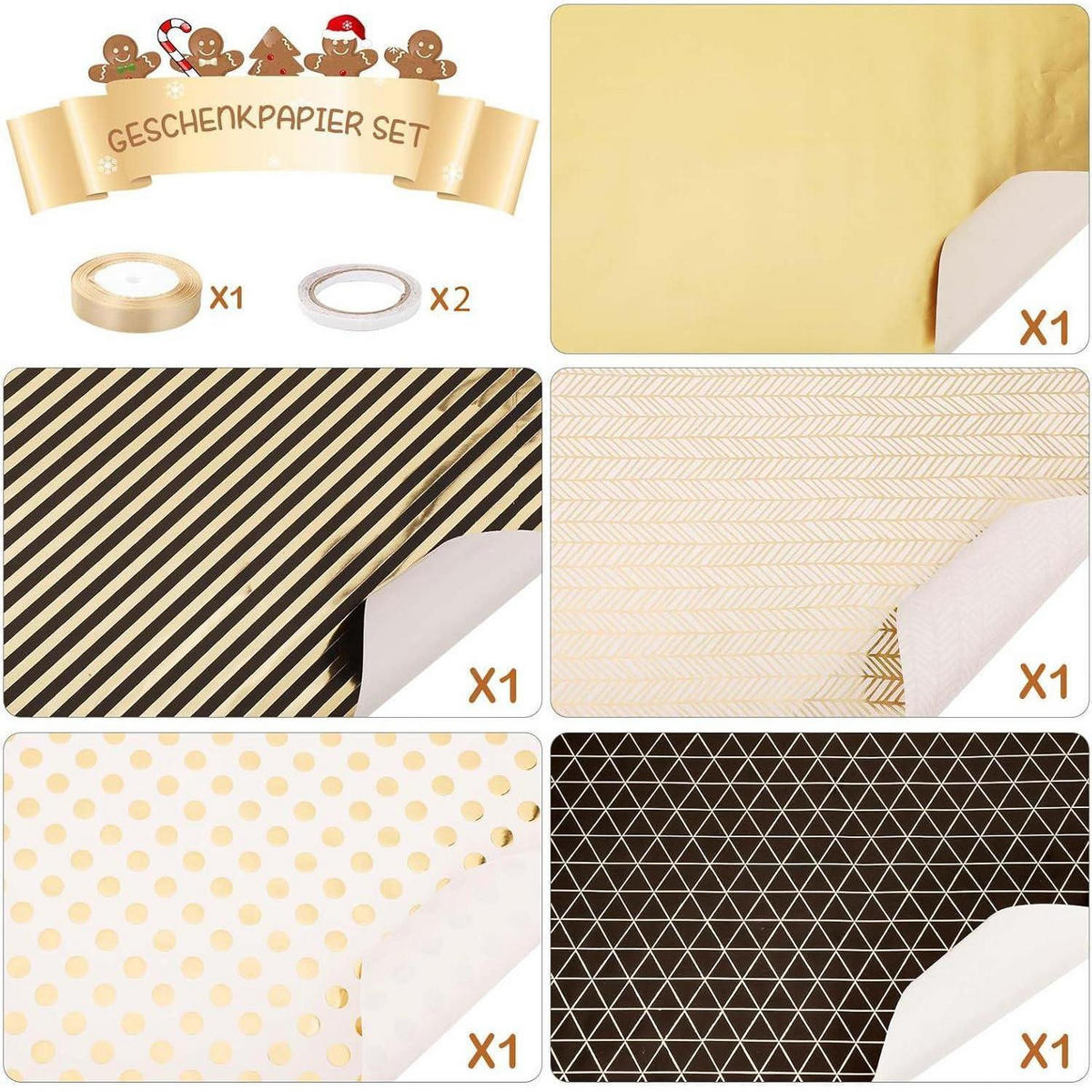 GESCHENKPAPIER Set 5 Rollen Schwarz Gold 43 cm x 3 m - Multicolor, Papier (43/43/300cm)