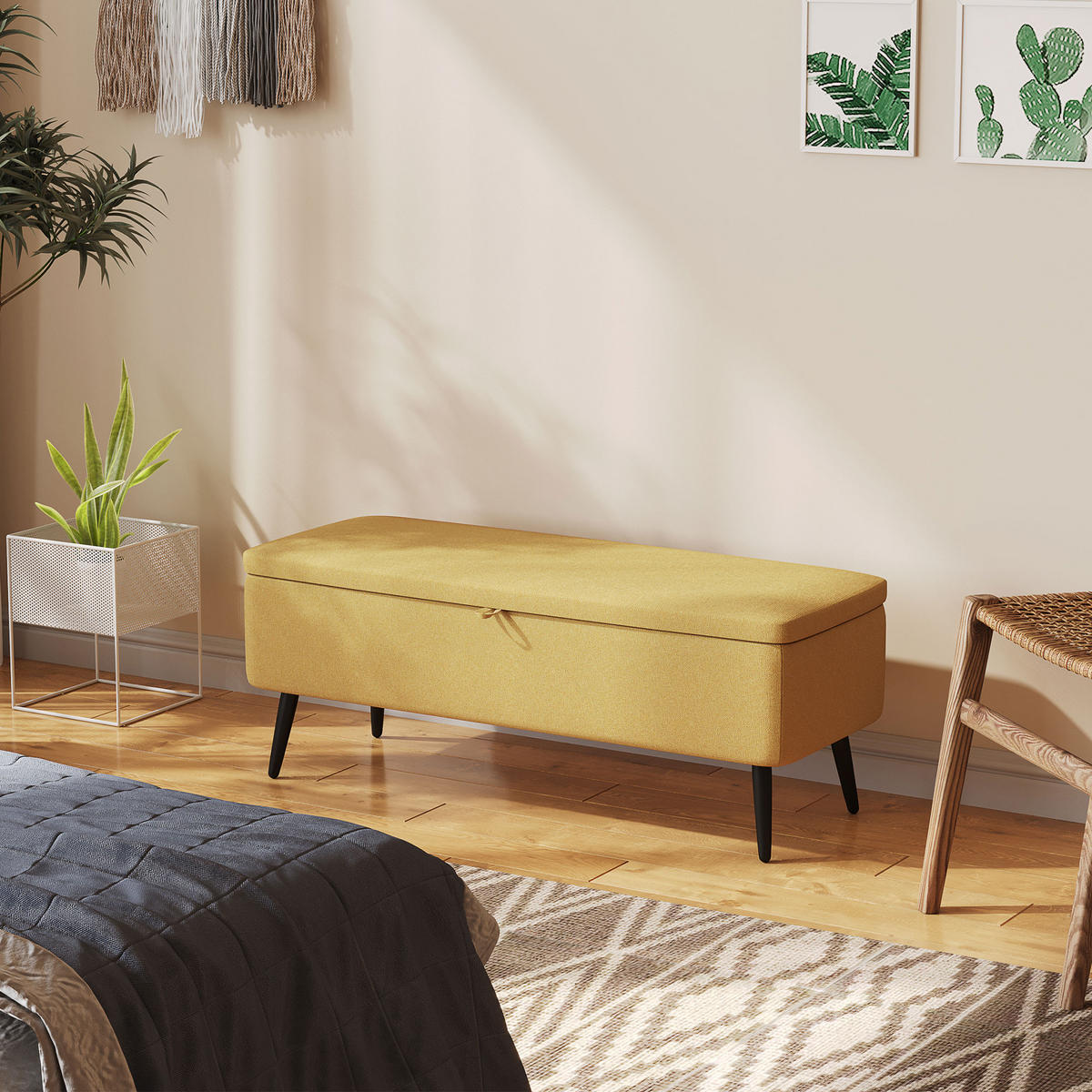 SITZBANK, Polsterbank mit Stauraum, Leinenoptik für Wohnzimmer, 101x38,5x44,5 cm - Gelb, Kunststoff (38.5/44.5/101cm) - HOMCOM
