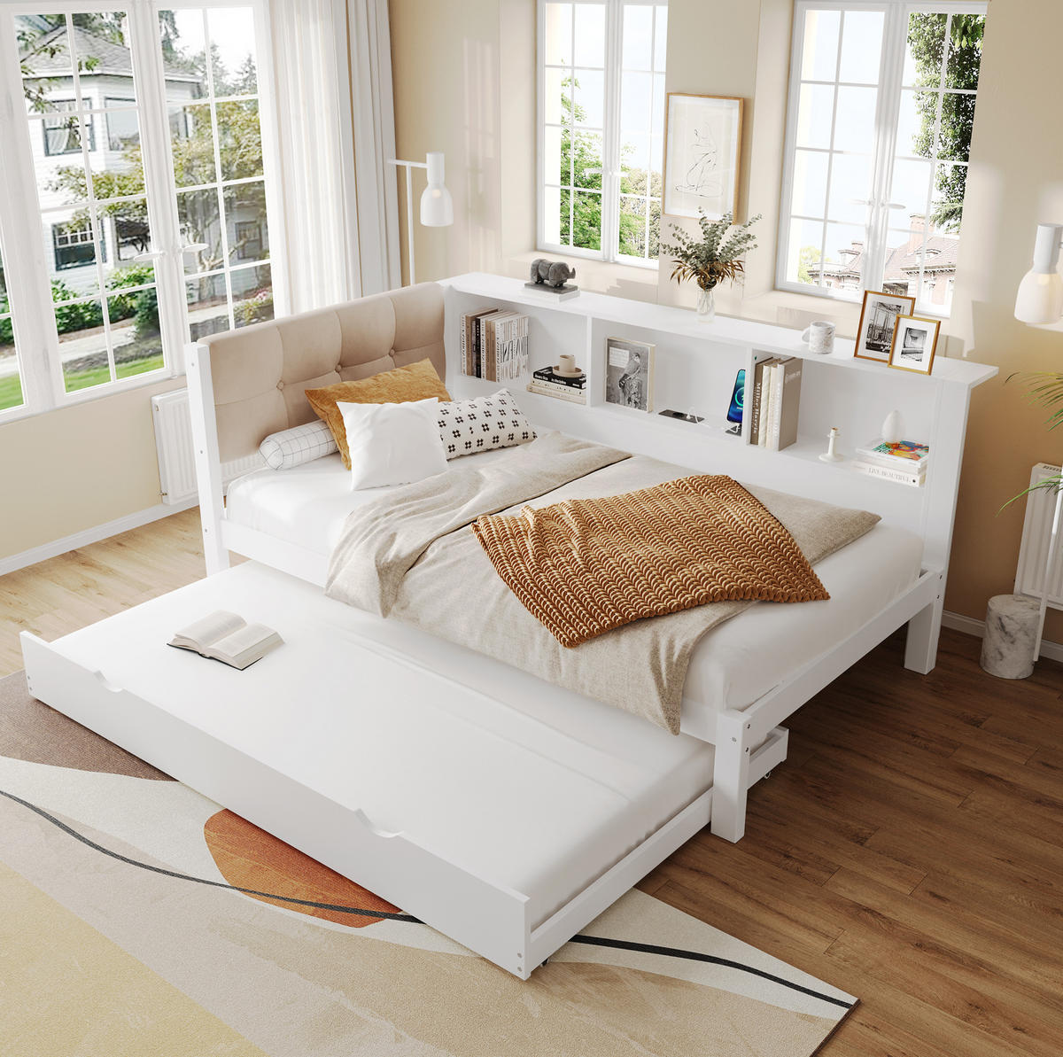 TAGESBETT 90/200 cm mit Ausziehbett, LED-Beleuchtung, USB-Anschluss und Regal, Kiefer/MDF, Weiß - Weiß, Holzwerkstoff (90/200cm) - Redom