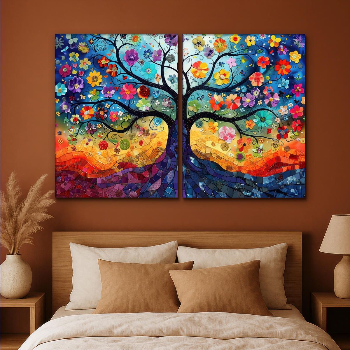 LEINWANDBILD 2er Set Bunt - Baum des Lebens - Blumen - Abstrakt 180x120 cm - Blau, Textil (180/120cm) - MuchoWow