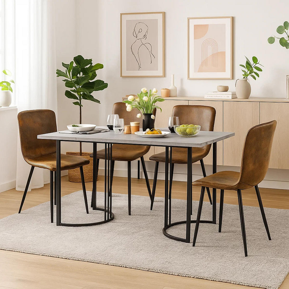 ESSTISCH SET Marmoroptik mit 4 Stühlen, schwarzer Metallrahmen - Braun, Holzwerkstoff (140/75/80cm) - Urban Meuble