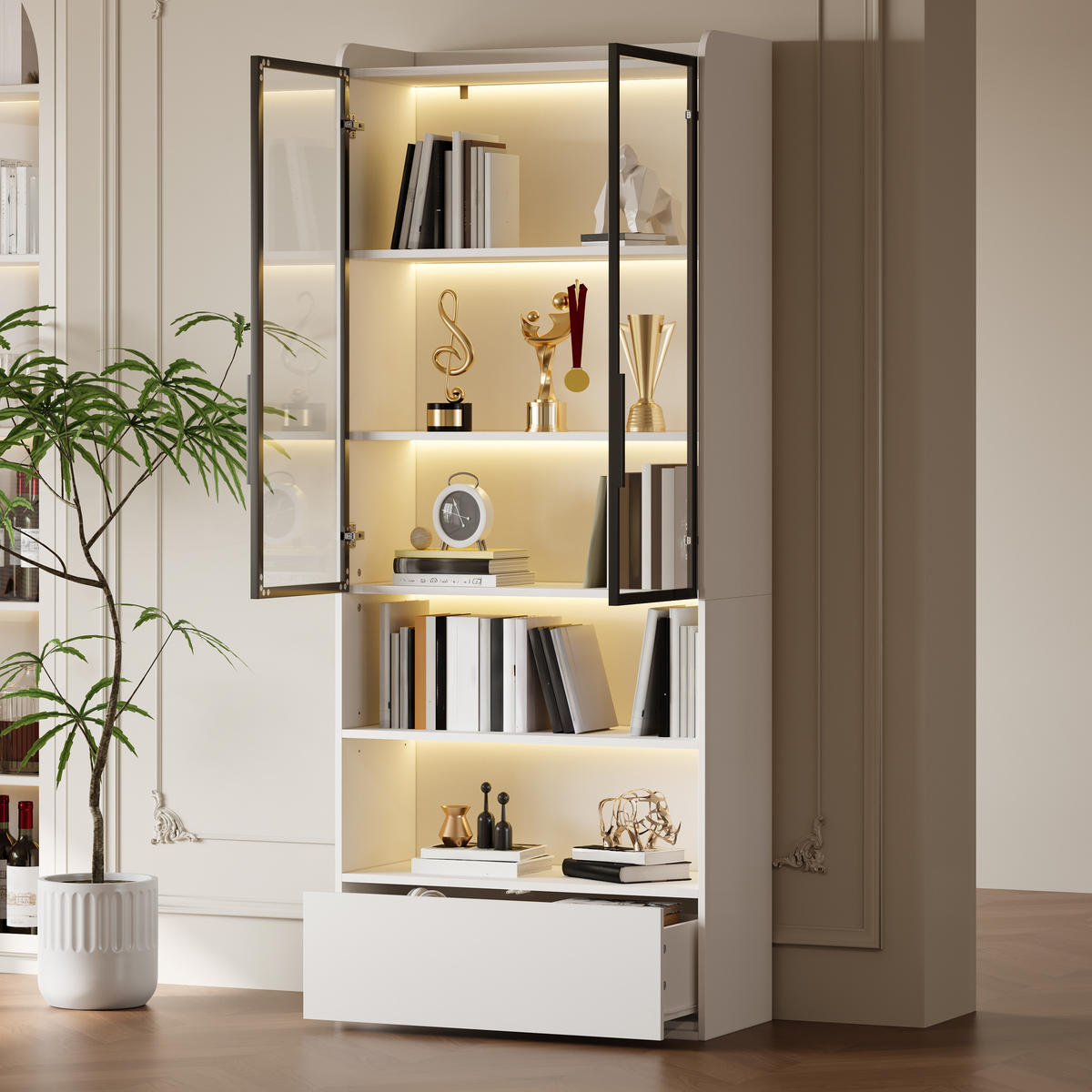 VITRINE Weiß mit Glastüren, einer Schublade und App-gesteuerter LED-Beleuchtung 80 × 34 × 180 cm aus MDF und Glas - Weiß, Holzwerkstoff (80/180/34cm) - Luhomfu