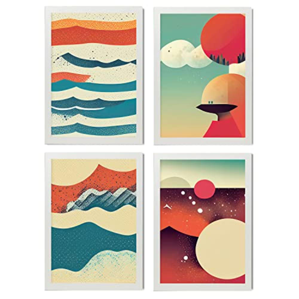 POSTER Set mit 4 Abstrakt Wellen Moderne Galaxien A4 Weißer Rahmen - Weiß, Papier (29.7/3cm) - Nacnic