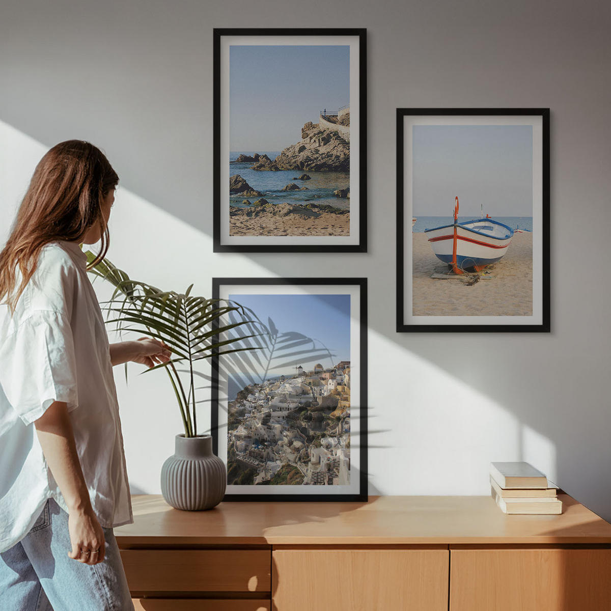 WANDBILDER 3er-Set - 40x60 cm Schwarzer Rahmen - Ansichten von Griechenland mit einem Boot und Häusern - Schwarz, Kunststoff (40/60cm) - ArtPrintCave