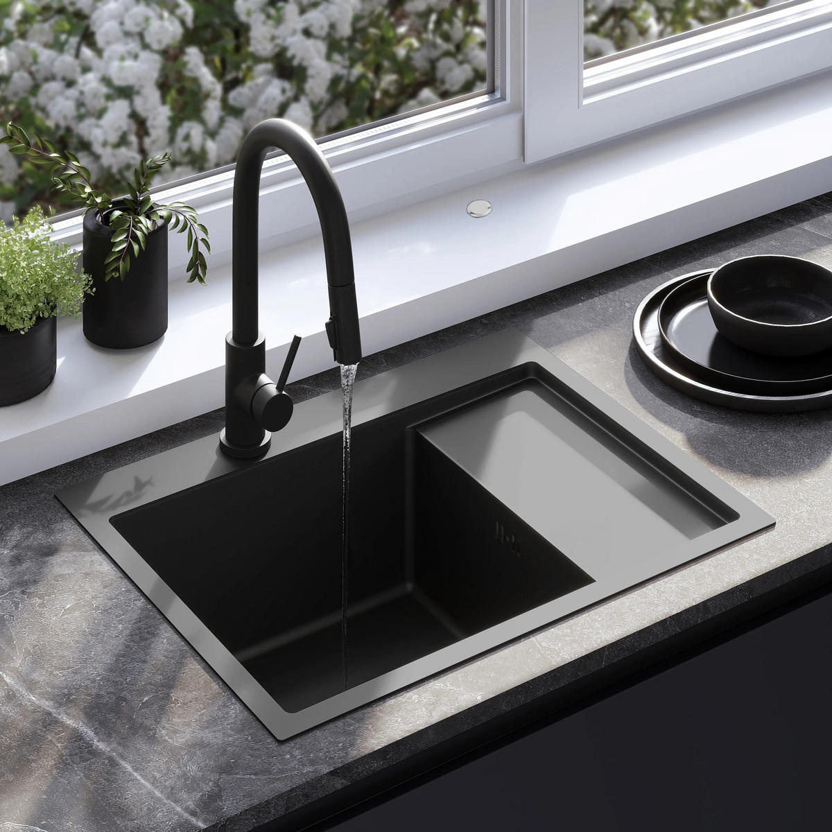 EDELSTAHLSPÜLE Rea Fin Black mit Küchenarmatur - Schwarz, Metall (48/18.5/62cm) - REA