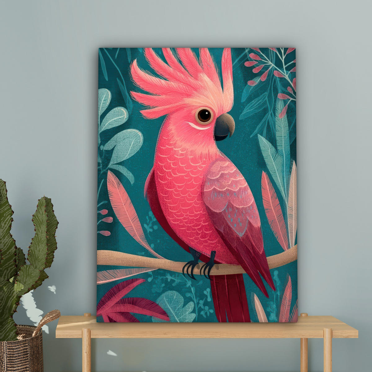 LEINWANDBILD Kakadu - Tropische Blätter - Zweig Wandbild Wohnzimmer 60x80 cm - Petrol, Textil (60/80cm) - MuchoWow