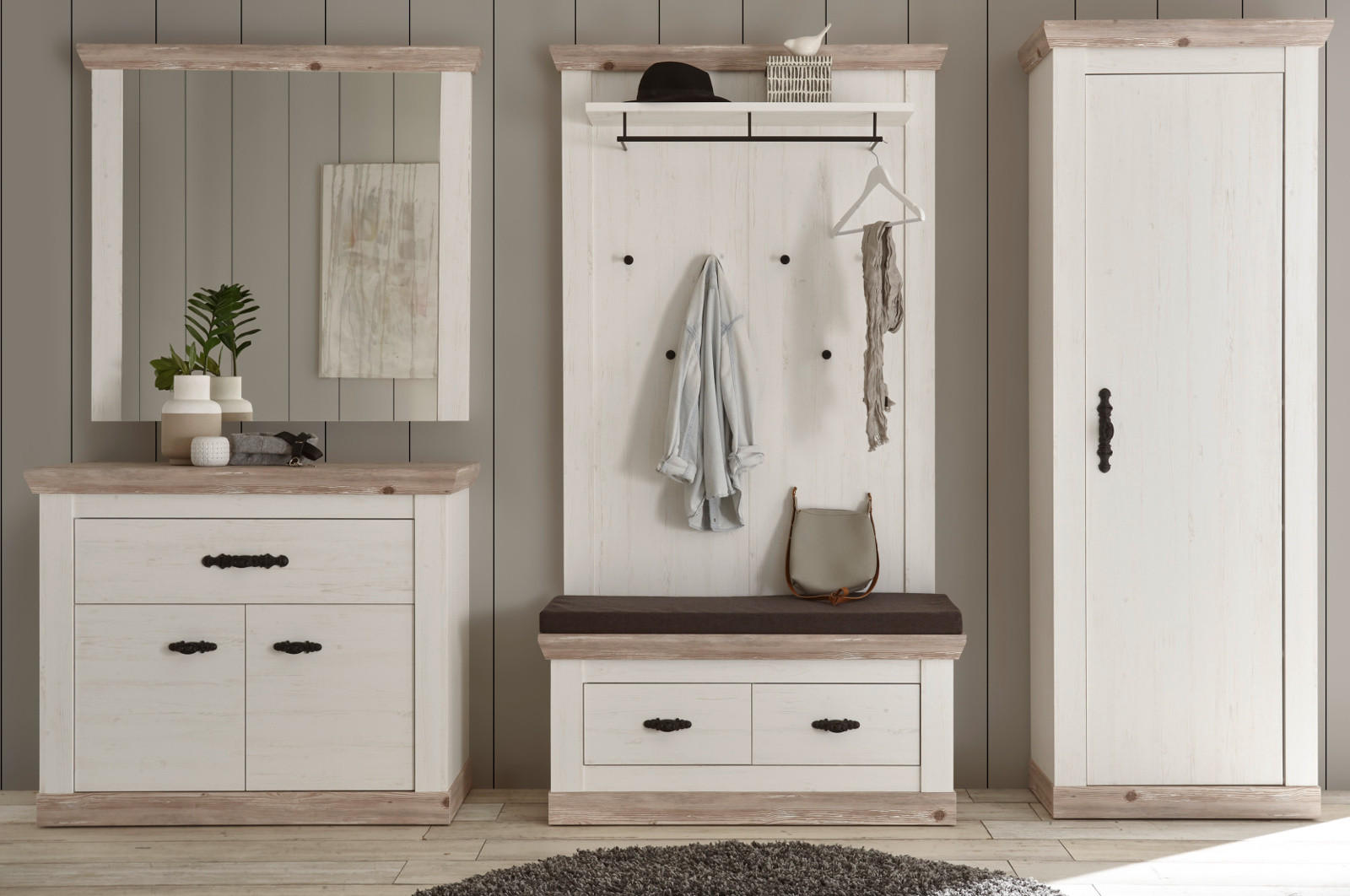 GARDEROBENKOMBINATION Pinie weiß, Oslo Pinie Landhaus, Garderobe Set 5-tlg., 307 x 201 cm - Weiß/Pinienfarben, Holzwerkstoff/Metall (307/201/45cm) - Furn.Design