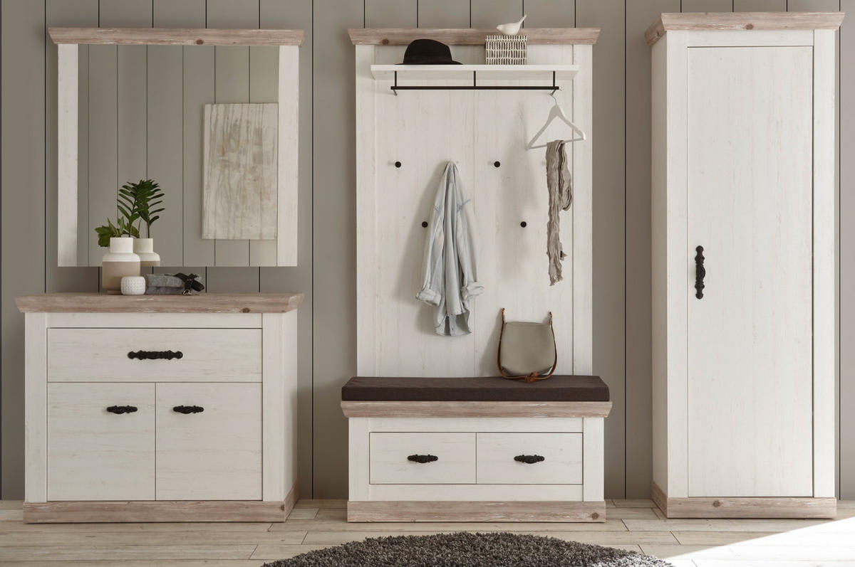 GARDEROBENKOMBINATION Pinie weiß, Oslo Pinie Landhaus, Garderobe Set 5-tlg., 307 x 201 cm - Weiß/Pinienfarben, Holzwerkstoff/Metall (307/201/45cm) - Furn.Design