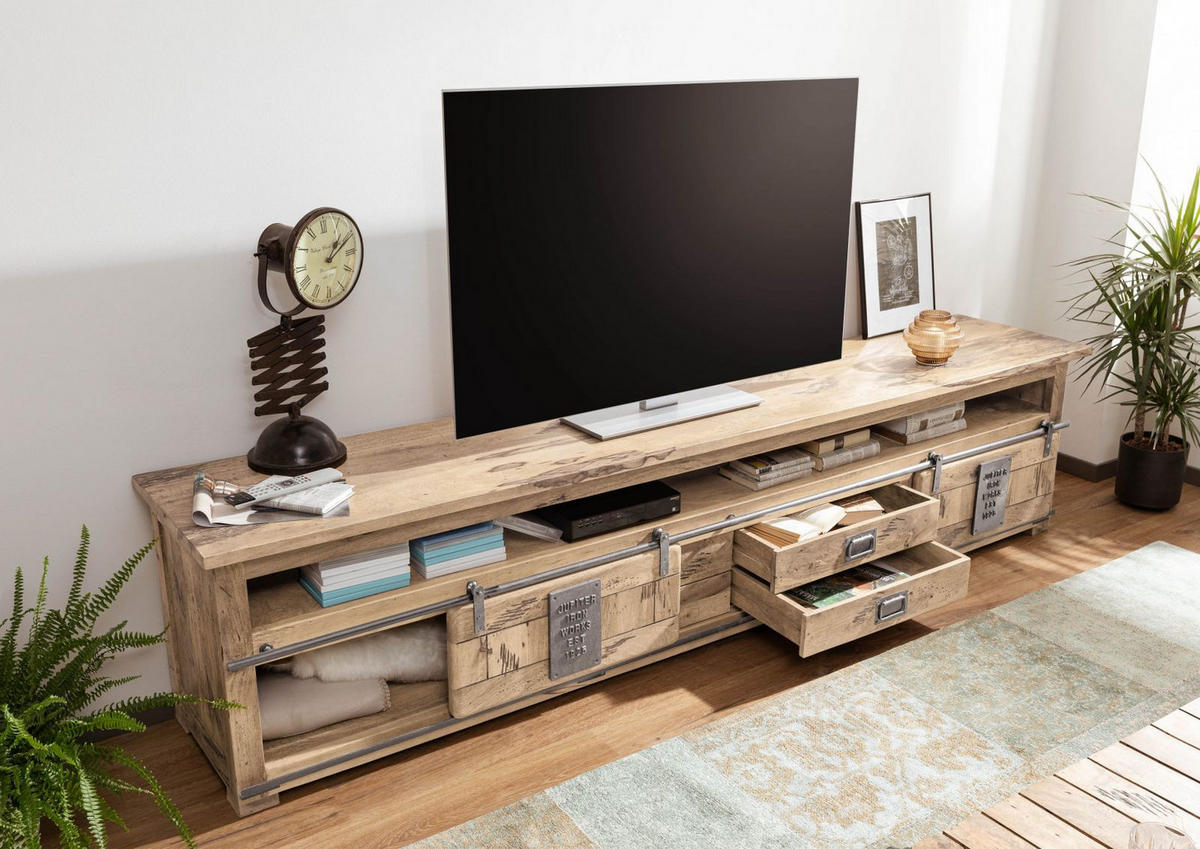 TV-BOARD Mango 260x50x60 whitewash lackiert RAILWAY #355 - Beige, Holz (260/60/50cm) - Massivmoebel24