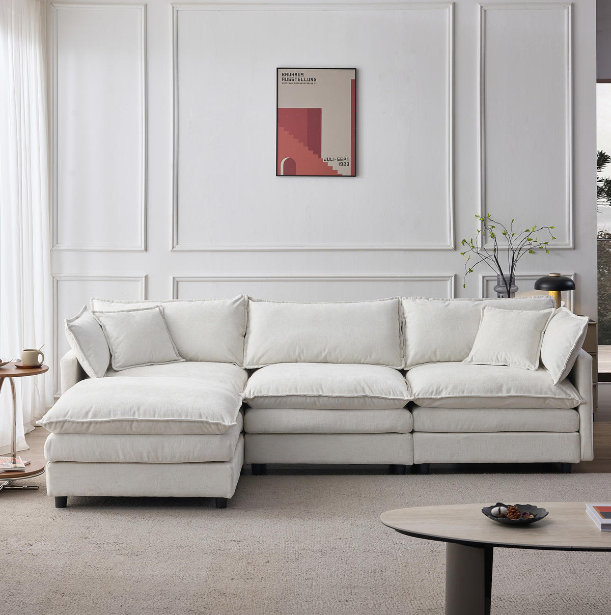 ECKSOFA 272/131/85 cm aus Chenille mit modularem Hocker Beige - Beige, Textil (154/267cm) - Modenvie
