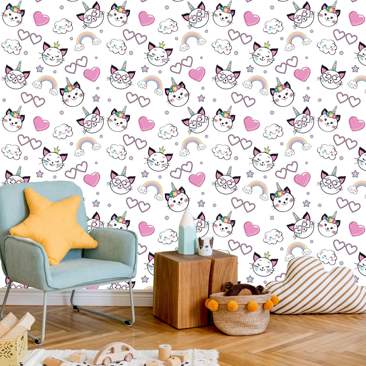 VLIESTAPETE Katzen, Regenbogen und Herzen – Rosa, Schwarz, Weiß – 50x1000 cm - Schwarz/Rosa, Papier (50/1000cm) - Muralo