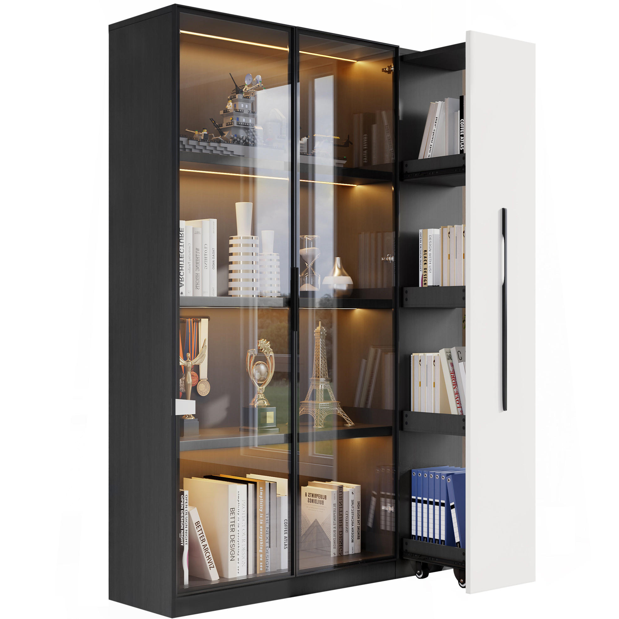 VITRINE 110.5/35/160 cm schwarz/weiß aus MDF mit LED-Beleuchtung - Schwarz, Holzwerkstoff (35/160/110.5cm) - OKMYHOME