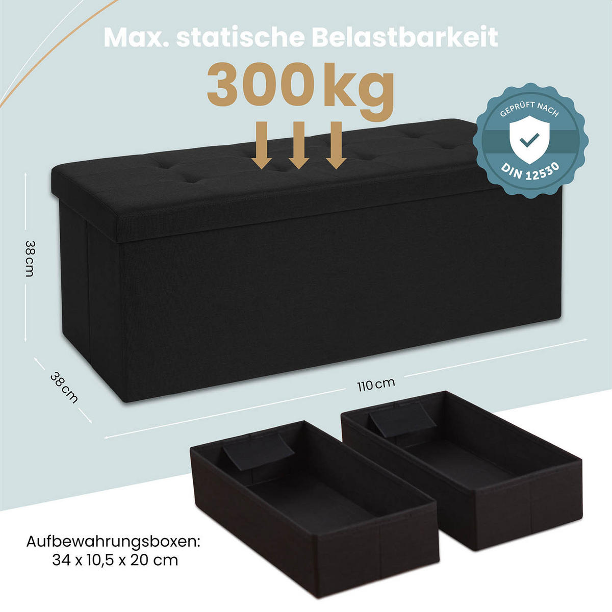 SITZBANK 110/38/38 cm + 2 extra Boxen, Schwarz - Schwarz, Kunststoff (38/38/110cm) - Blumtal