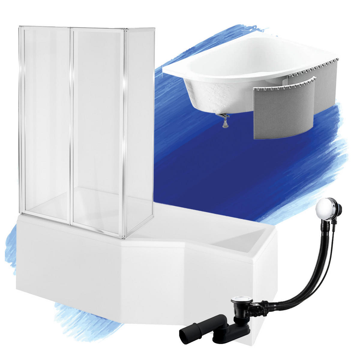 BADEWANNE Eckwanne INTEGRA 170/75 Links mit Styro und Glasabtrennung 3-teilig Ablauf Füße - Weiß, Kunststoff (75/55.5/170cm) - bad land