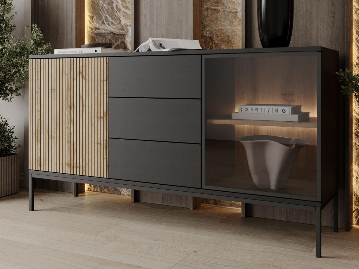 KOMMODE Graphit, Wotan Eichefarben 154/83/39 cm Deo - Eiche Wotan/Schwarz, Glas/Holz (154/83/39cm) - Graingold