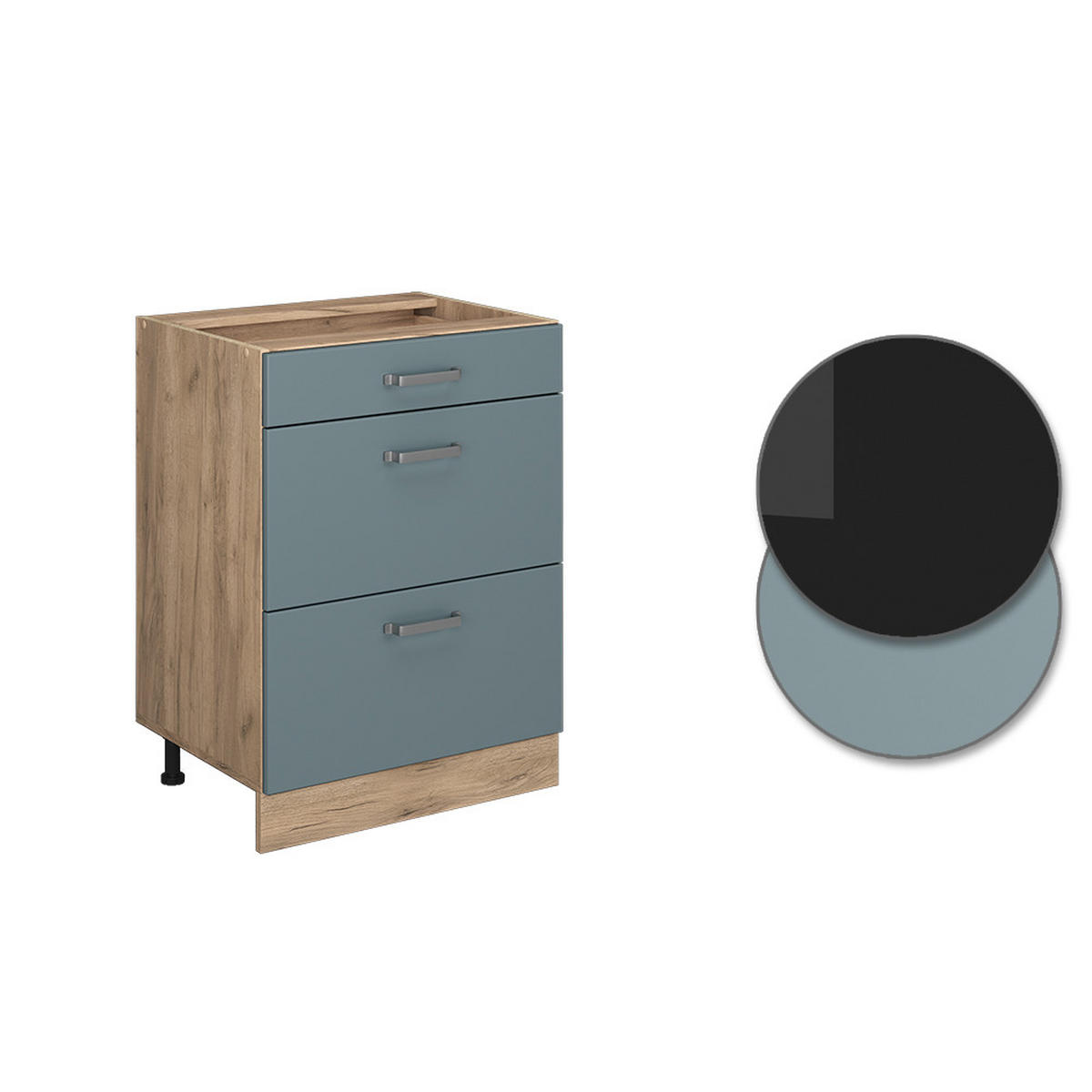 KÜCHENUNTERSCHRANK R-Line Blau-Grau 60 cm mit Schubladen, AP Anthrazit - Honigeiche/Eiche Wotan, Holzwerkstoff (60/81.6/60cm) - Vicco