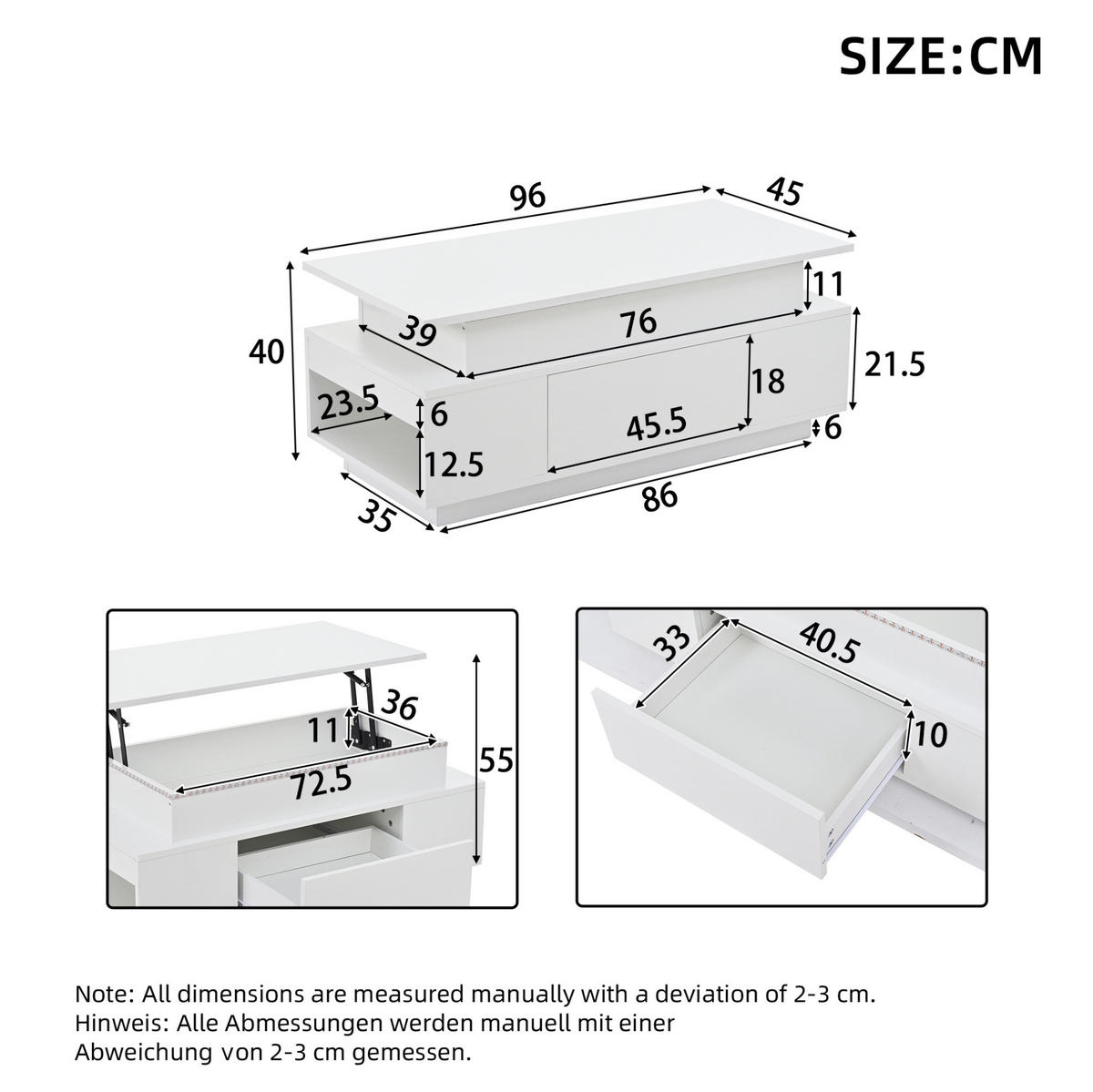 COUCHTISCH aus Spanplatte 96x45x40 cm Weiß höhenverstellbar mit LED-Beleuchtung und Stauraum - Weiß, Holzwerkstoff (96/45/40cm) - IVMEU