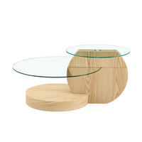 COUCHTISCH DE-37349 rund mit zweistufigem Glas und Holzmaserung Naturholz - Naturfarben, Holzwerkstoff (90/70/44cm) - ComfortXL