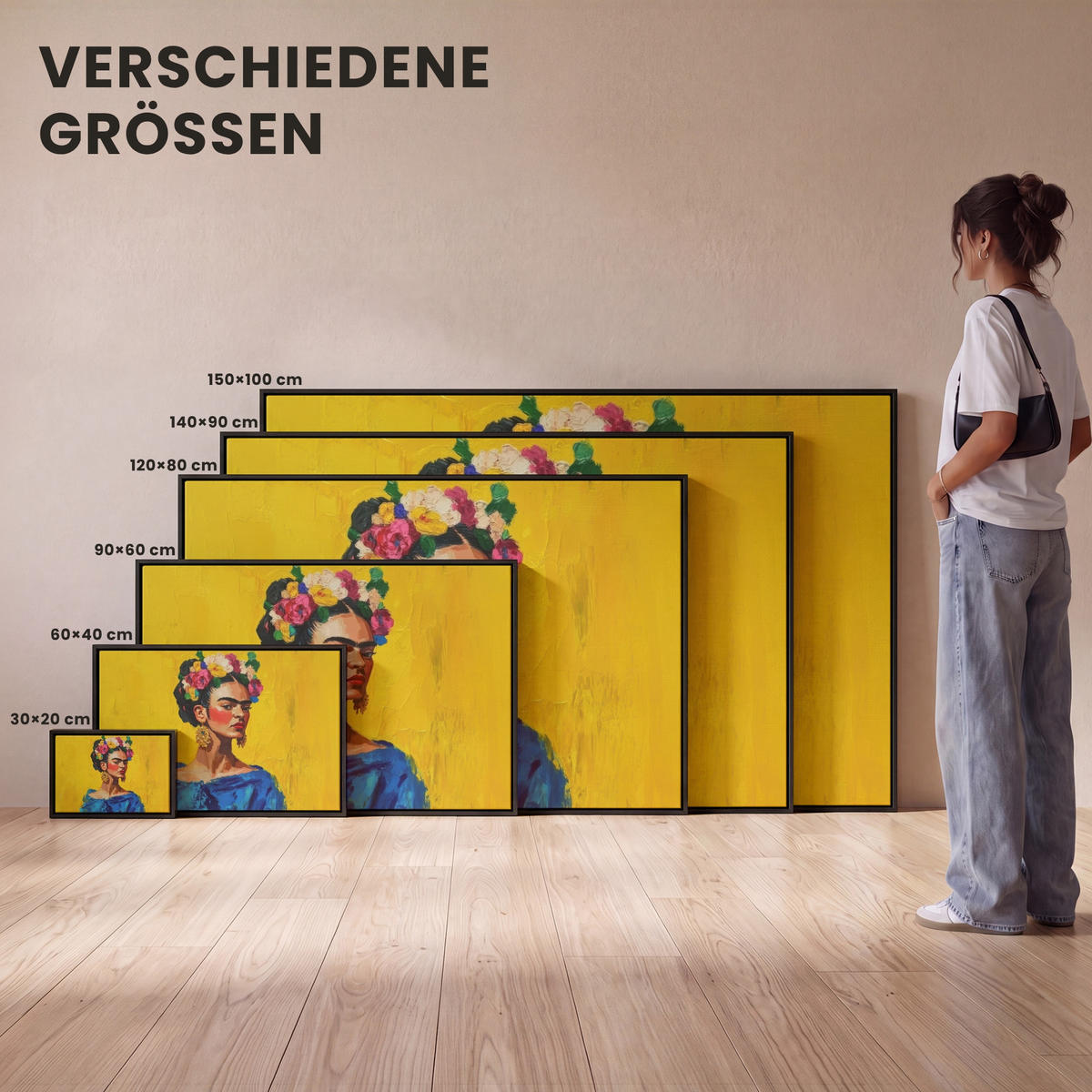 LEINWAND Bilder mit Rahmen - Frida Kahlo - Frau - Gelb - Blau - Blumen - 120x80 - Gelb, Textil (120/80cm) - MuchoWow