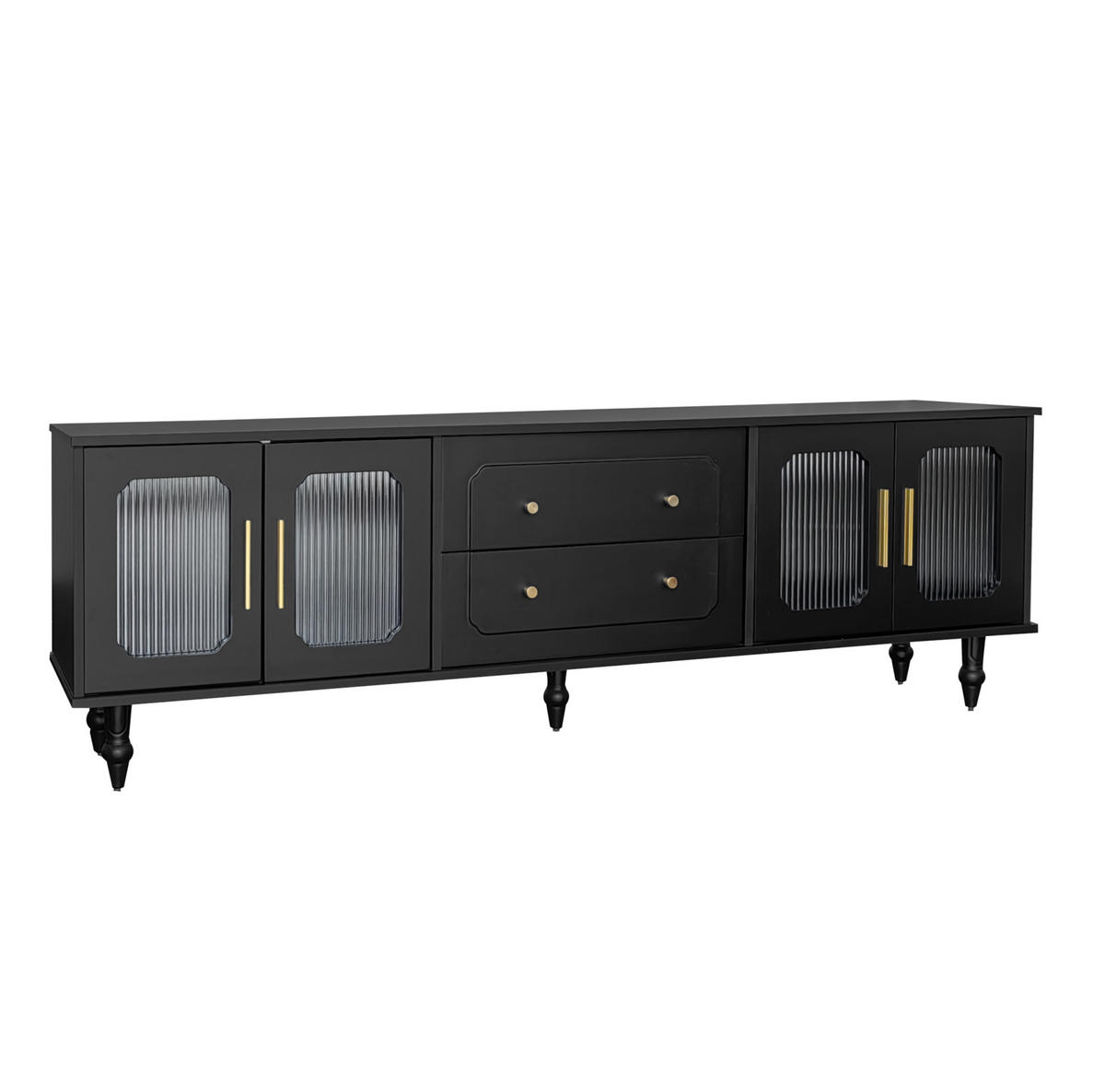 TV-SCHRANK 175/38/55,5 cm schwarz mit geriffelten Glastüren und goldenen Griffen - Schwarz, Holzwerkstoff (175/55.5/38cm) - OKWISH