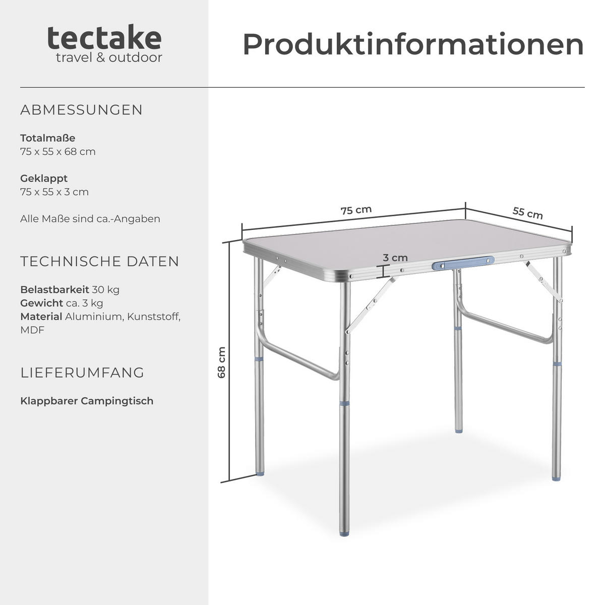 CAMPINGTISCH Lothar,75 x 55 x 68 cm,grau - Grau, Metall (75/55/68cm) - tectake