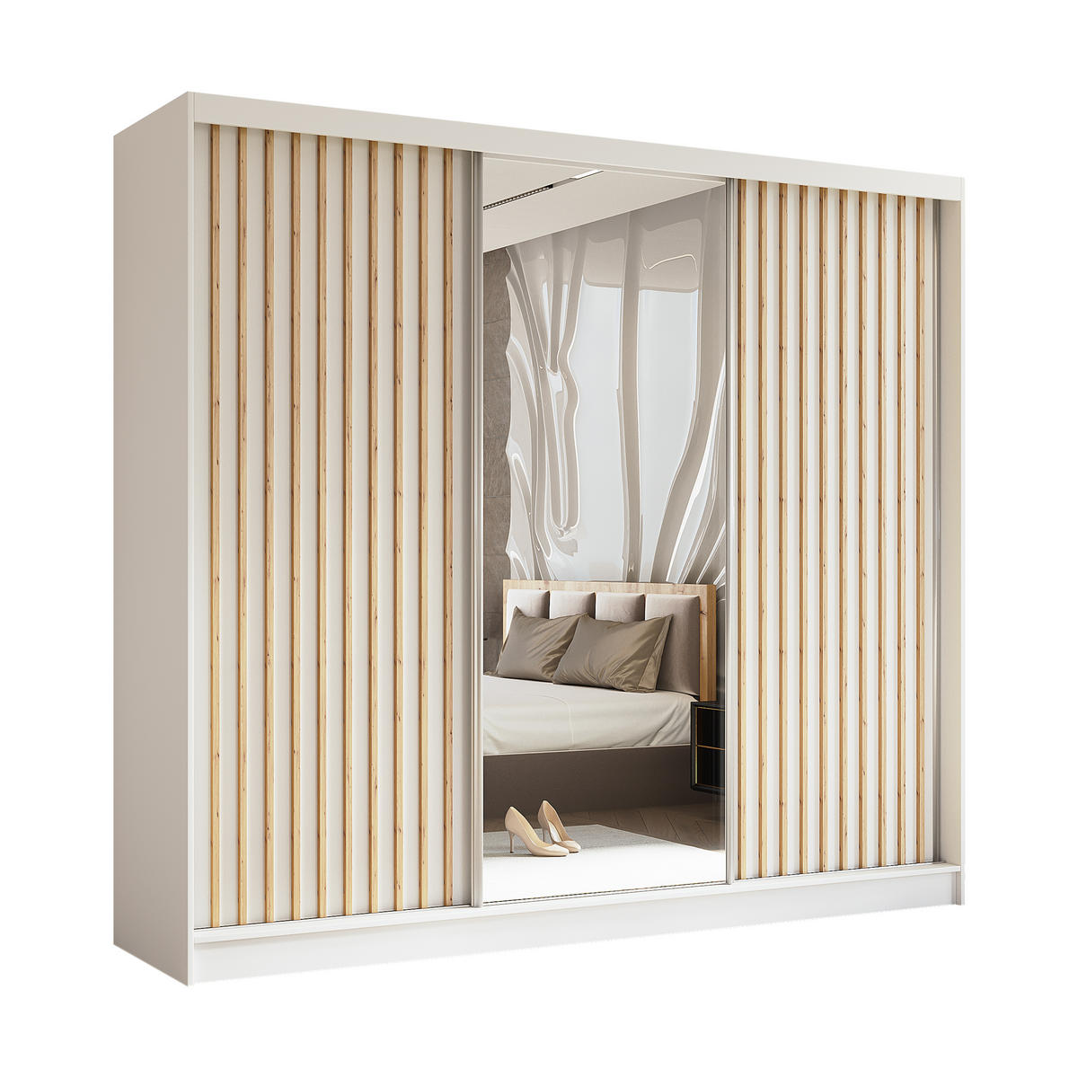 SCHWEBETÜRENSCHRANK LAMELLO 240/216/61 cm 3-türig mit Spiegel Weiß - Weiß, Holzwerkstoff (240/216/61cm) - MASSENO