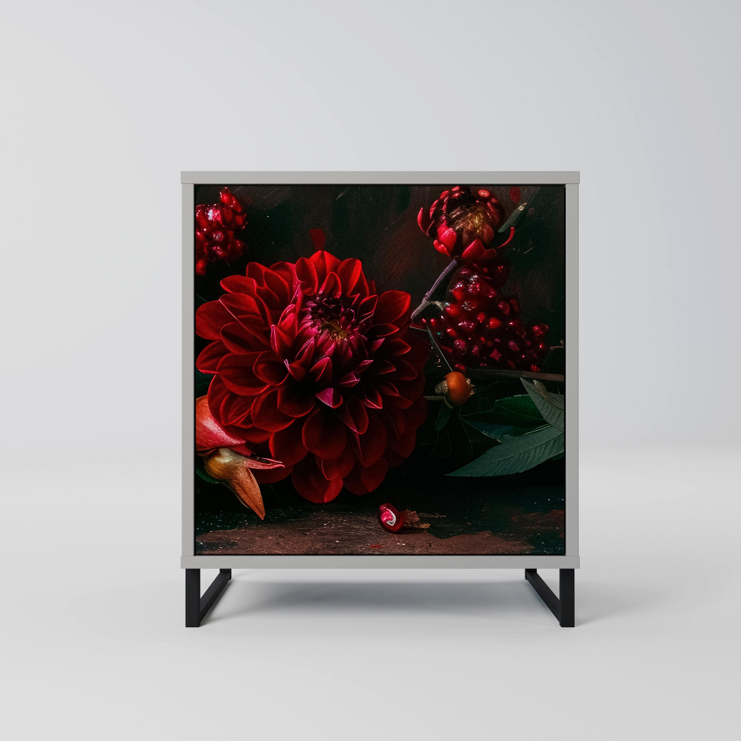 SIDEBOARD DAHLIAS AND POMEGRANATES, Grau, 57,5x42x67,5 cm, Schwarze Metall-Rahmenfüße - Multicolor/Schwarz, Holzwerkstoff/Metall (57.5/67.5/42cm) - SpaceRebels