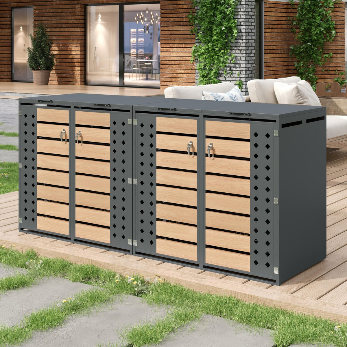 MÜLLTONNENBOX aus Stahl in Grau/Holzoptik mit hydraulischem Klappdeckel 264x80x118,5 cm - Grau, Metall (264/118.5/80cm) - Modfu