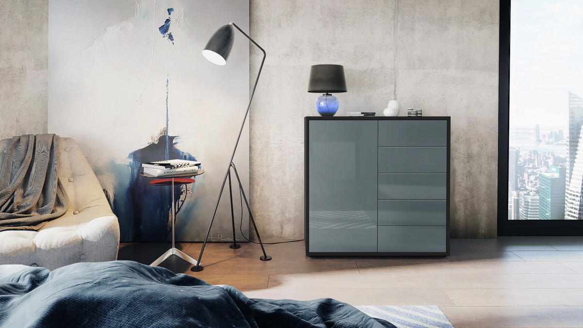 KOMMODE Ben Front in Grau Hochglanz - Grau, Holzwerkstoff (79/74/36cm) - Vladon